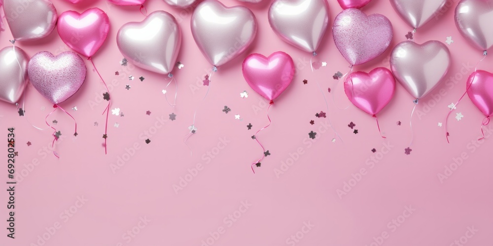 Assorted heart-shaped balloons in pink and silver with small paper hearts on a light pink background.