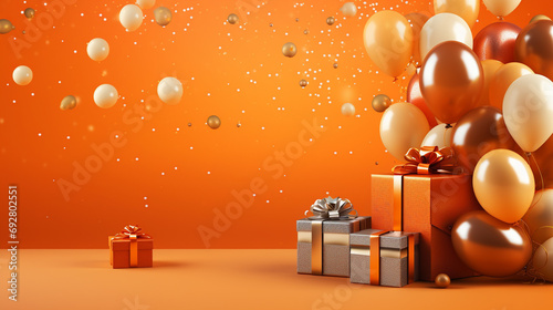 Opulent party scene featuring luxury balloons, confetti in the air, and exclusive gift boxes against a vibrant orange background, forming a classy template for your celebratory messages