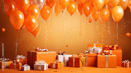 Opulent party scene with luxurious balloons, cascading confetti, and elegant gift boxes against a vibrant orange background, creating the perfect template for celebration messages