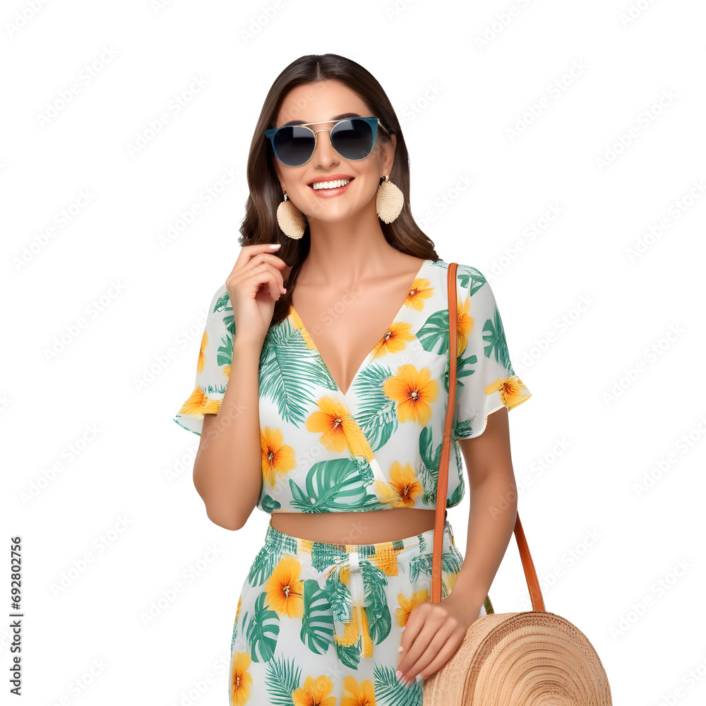 Beautiful woman smiling happily with sunglass in summer tourist outfit on transparent background Beautiful woman smiling happily with sunglass in summer tourist outfit on transparent background