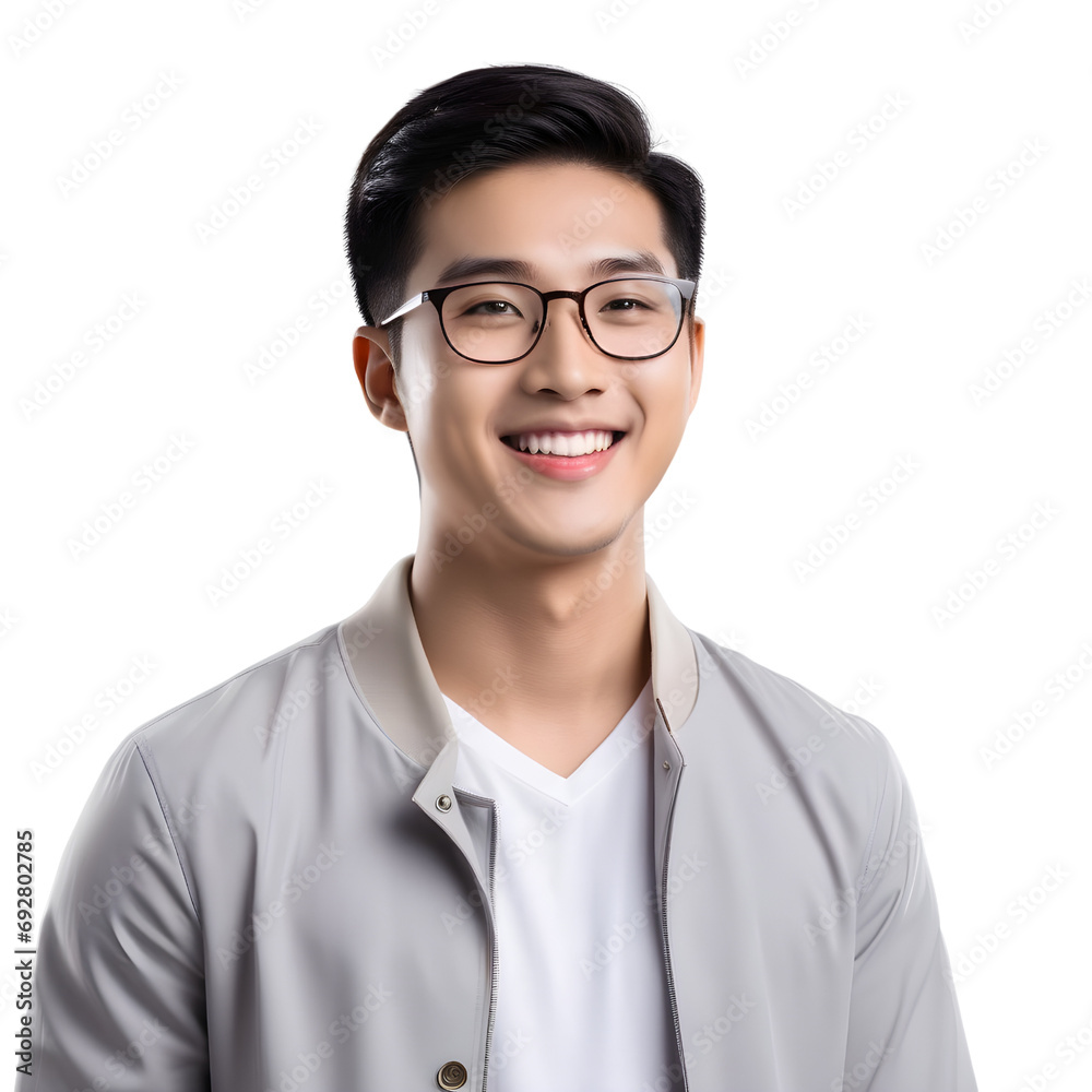 Asian male student smiling happily on PNG transparent background. Study success concept.