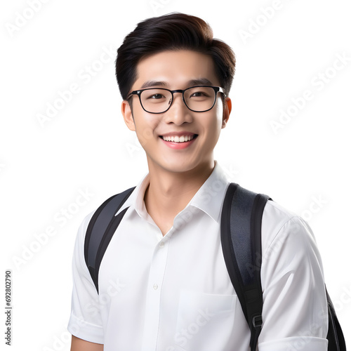 Asian male student smiling happily on PNG transparent background. Study success concept.