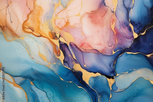 Currents of translucent hues, snaking metallic swirls, and foamy sprays of color shape the landscape of these free-flowing textures. Natural luxury abstract fluid art painting, Generative AI