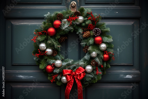 Christmas wreath hanging on a red wooden door.