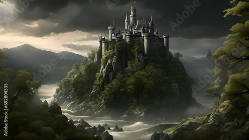From edge forest, Dragons Lair Castle perched craggy mountaintop, silhouette silhouetted against darkening sky. Below castle, swirling river through valley, guarded 2d animation photo