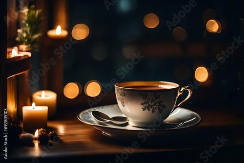 A soothing scene of a teacup on a window ledge, capturing the soft glow of candlelight and the winter night outside