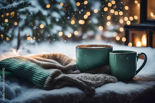 A serene winter morning with a teacup placed on a wooden railing, overlooking a snowy landscape and distant mountains