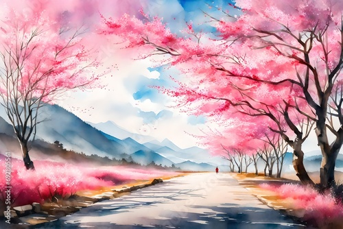 Watercolor landscape Painting art of pink-red color of Wild Himalayan cherry roadside in the morning with vintage emotion sky cloud background, Hand painted, beautiful nature winter