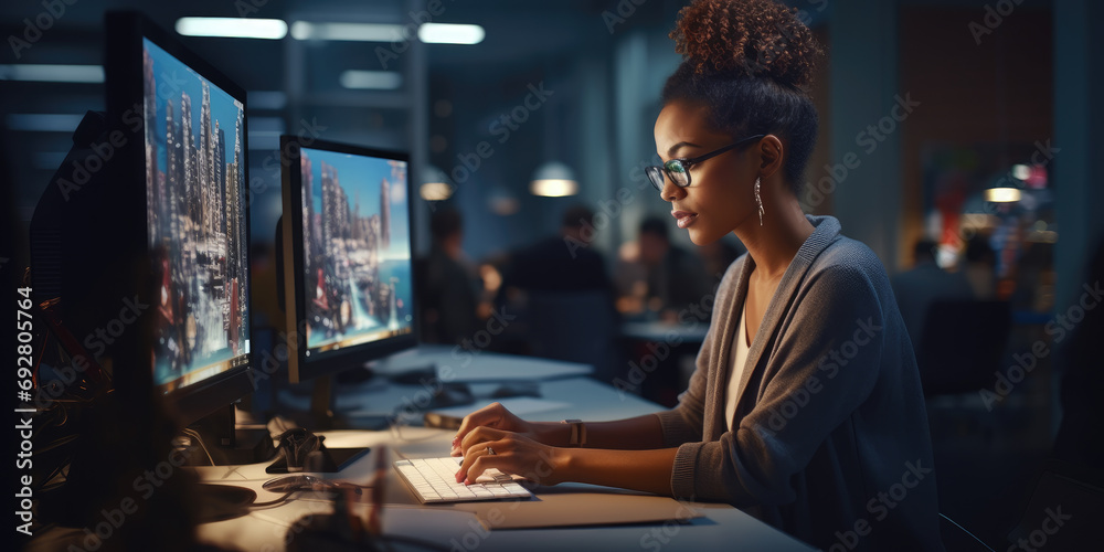 Portrait of african american businesswoman using laptop computer with business people working together in office - obrazy, fototapety, plakaty 