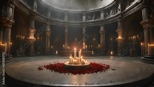 center crypts main chamber sits ominously cracked altar, adorned with ominous symbols surrounded flickering candles that seem dance unexplained drafts. 2d animation photo