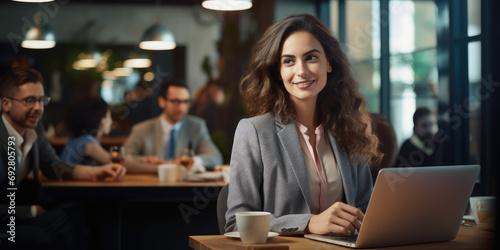 Portrait of businesswoman using laptop computer with business people working together in office