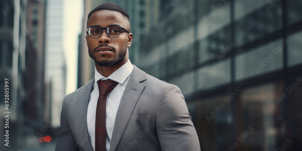 Portrait of a smiling african american businessman standing on the outdoor street front of business office building