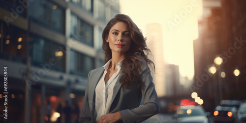 Portrait of a smiling businesswoman standing on the outdoor street front of business office building city