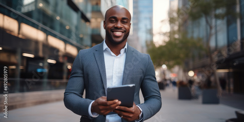 Portrait of a smiling african american businessman holding tablet computer standing on the outdoor street front of business office building photo