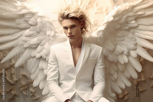 made white backlit floating wings feather woman angel blonde beautiful man fashion editorial cream suit wing background model male sitting heaven pale guy boy person serious shoot attaching photo