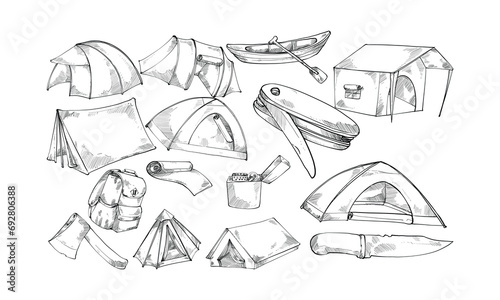 camping equipment handdrawn collection
