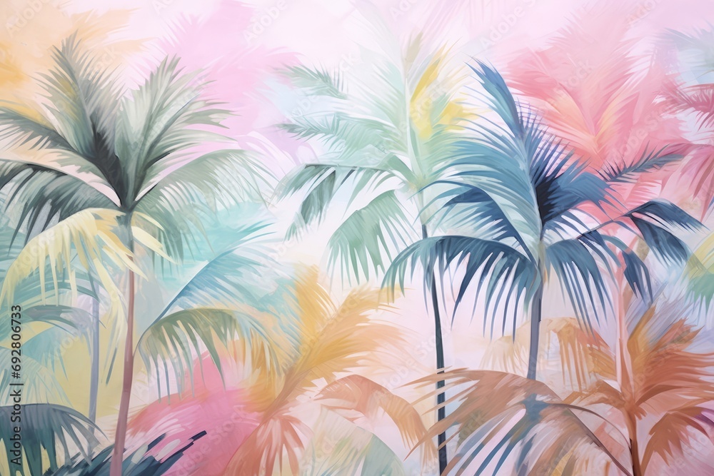 Tropical plants and palm trees, for texture background photo wallpaper. Pastel colors. Wallpaper pattern painted in watercolor. Generative AI