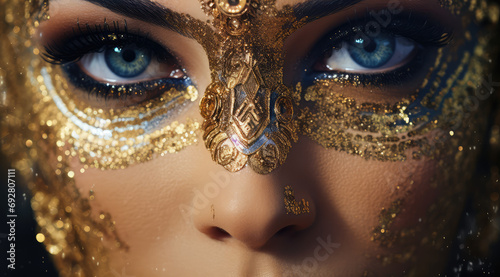 close up view of a beautiful model with gold glitter on her face © Kien