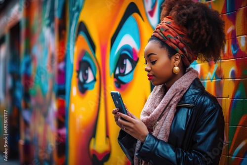 | Alley Graffiti Smartphone Woman Black Young holiday maker tour tourism summer spring people verse multicultural together photograph photo phone mobile device happy happiness joy