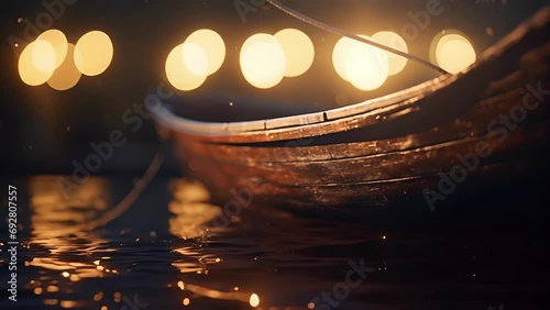 Closeup of a single rowboat tied to a mooring, its wooden hull reflecting the moonlight in a mesmerizing pattern. photo
