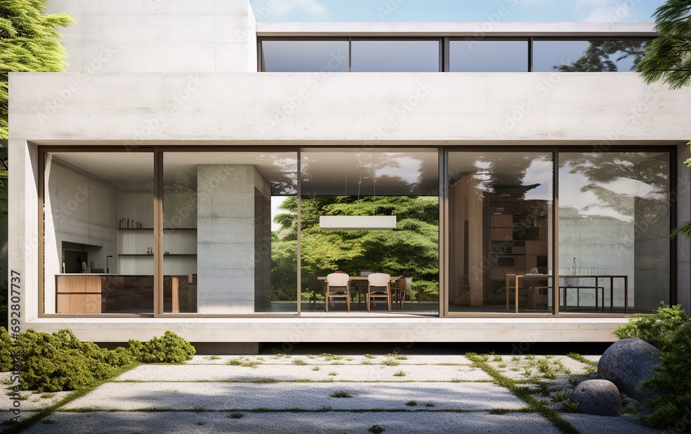 a modern concrete home that has the windows open