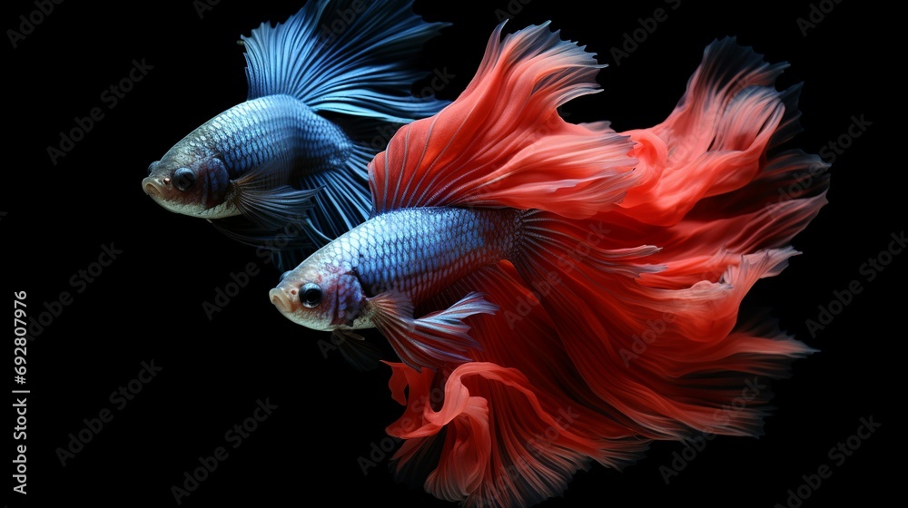 Capture the moving moment of red-gold siamese fighting fish isolated on black background. Betta fish, Generate AI.