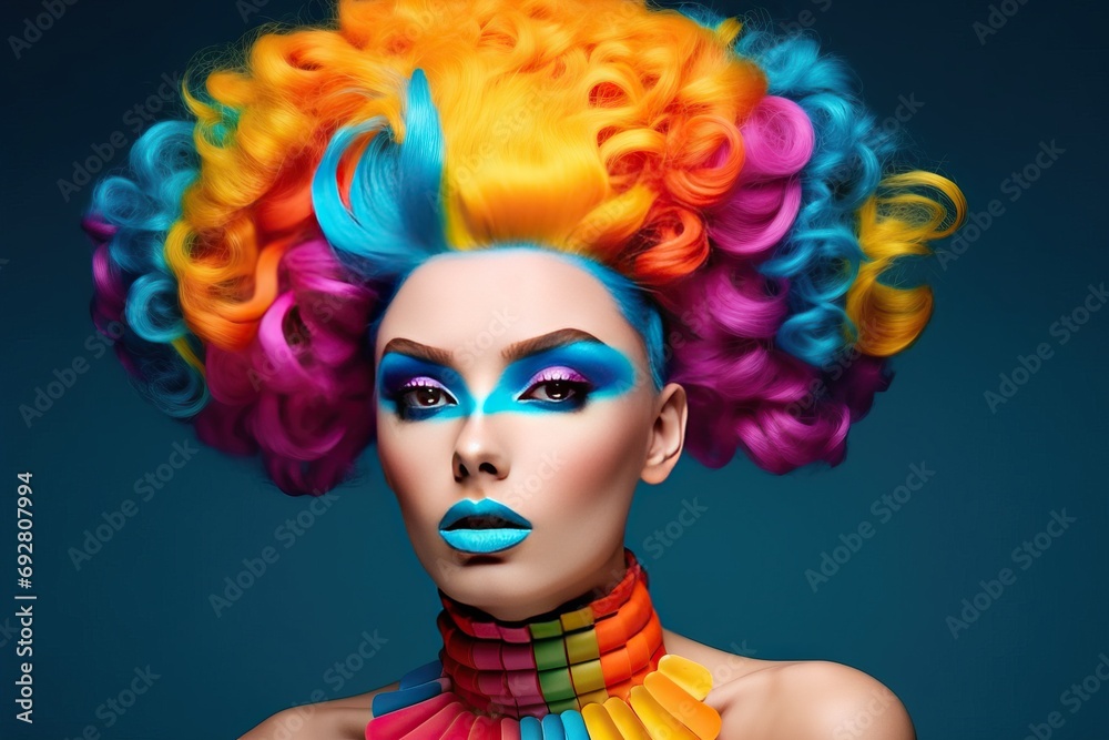 Naklejka premium image makeup bright hair colorful woman colourful makeup fashion coiffure 1 person multi coloured beauty human face wig adult yellow portrait caucasian ethnicity young model female elegance