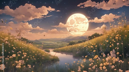 moon rises above horizon, Moonlit Meadow comes life. subject stands amidst wildflowers, their delicate petals shimmering pale moonlight. distant sound crickets subjects 2d animation
