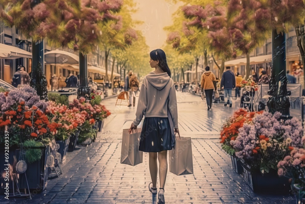 image flowers bags shopping carrying street walking woman bag outdoors lifestyle adult nature flower retail 1 person man caucasian ethnicity summer city life young client leisure activity - obrazy, fototapety, plakaty 