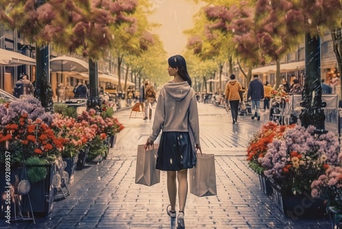 image flowers bags shopping carrying street walking woman bag outdoors lifestyle adult nature flower retail 1 person man caucasian ethnicity summer city life young client leisure activity
