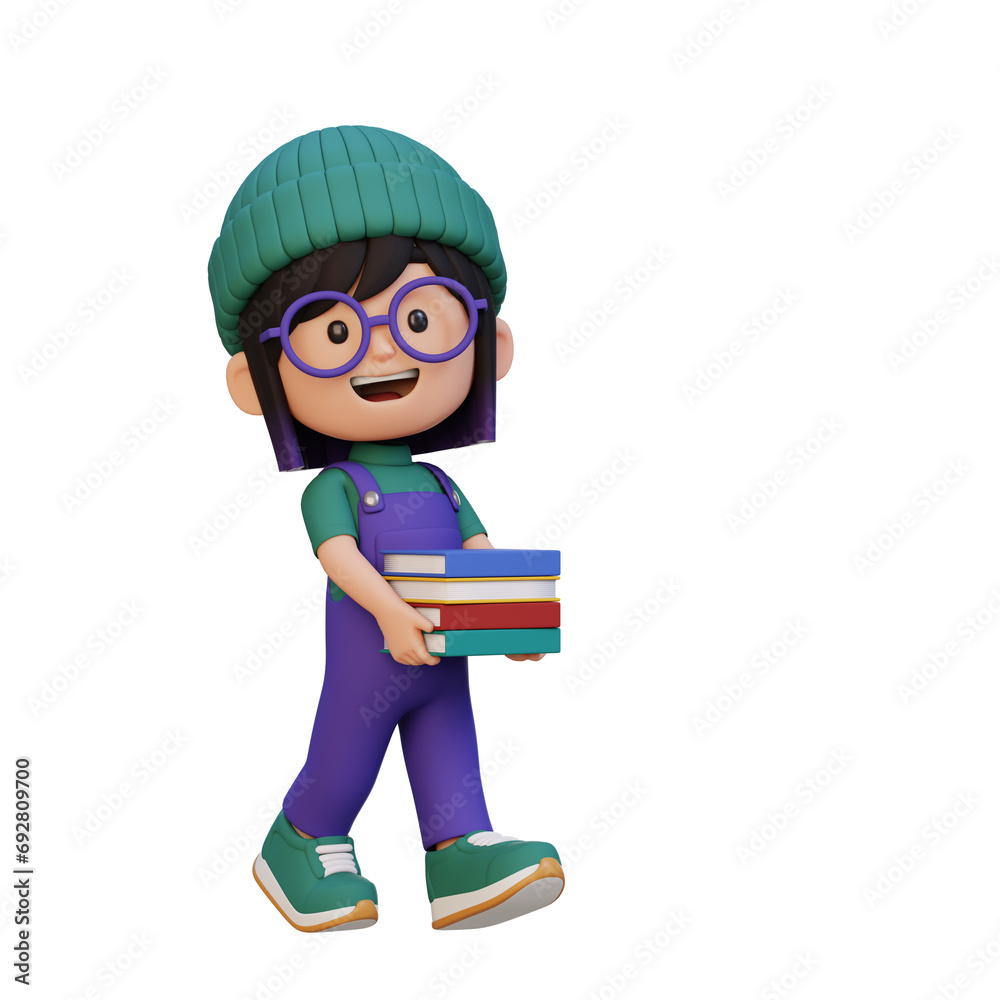 3D happy girl character holding book 3D happy girl character holding book
