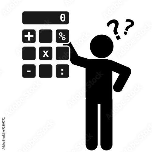 vector illustration of stick man, stick figure, pictogram calculating with a calculator
