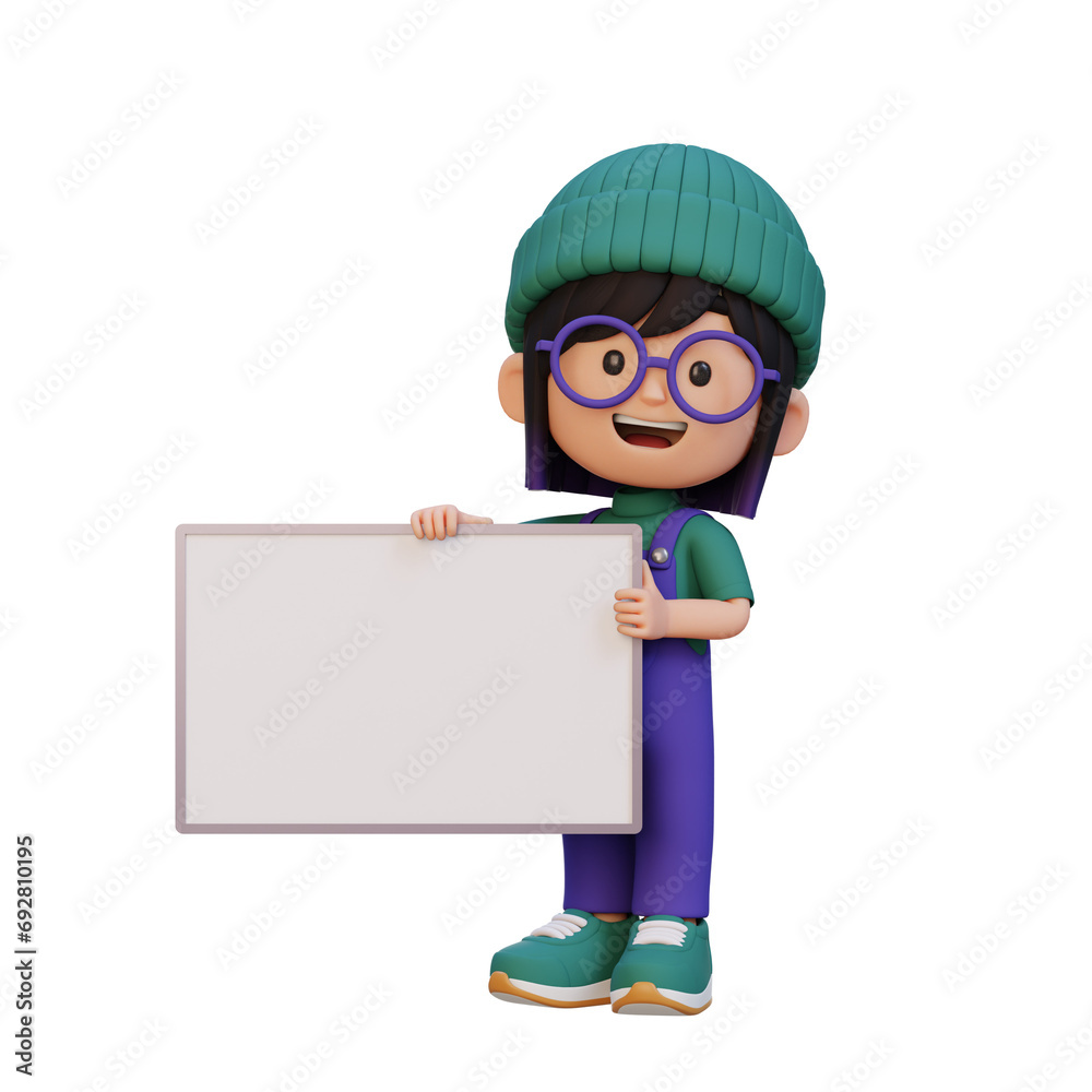 3D girl character holding a blank placard 3D girl character holding a blank placard