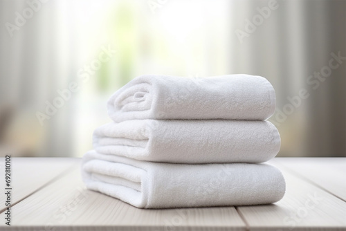 a stack of fluffy white towels folded on a white table in the room. photo