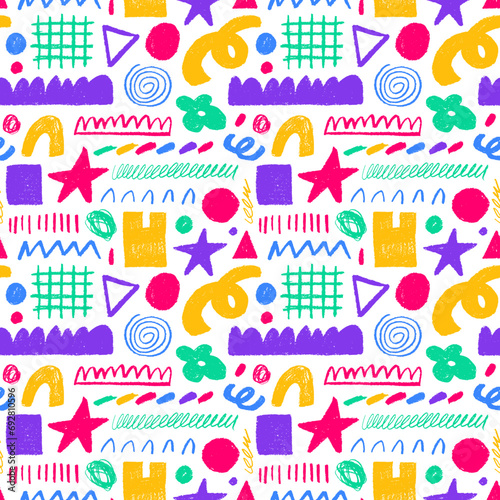 Abstract doodle seamless pattern with charcoal rough shapes. Geometric colorful shapes  rough lines.