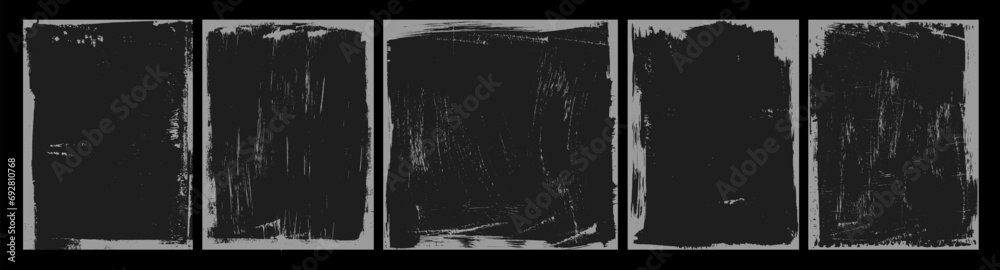 Dark grunge frames with scratched texture. Posters with brush drawn borders and scribbles.