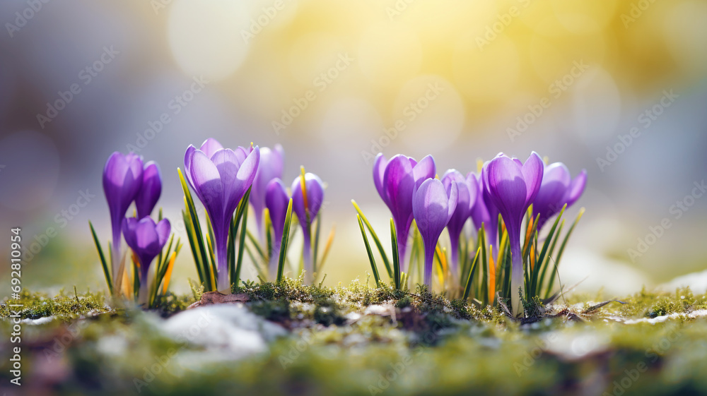 Crocus flowers emerge from the snow in early spring Crocus flowers emerge from the snow in early spring