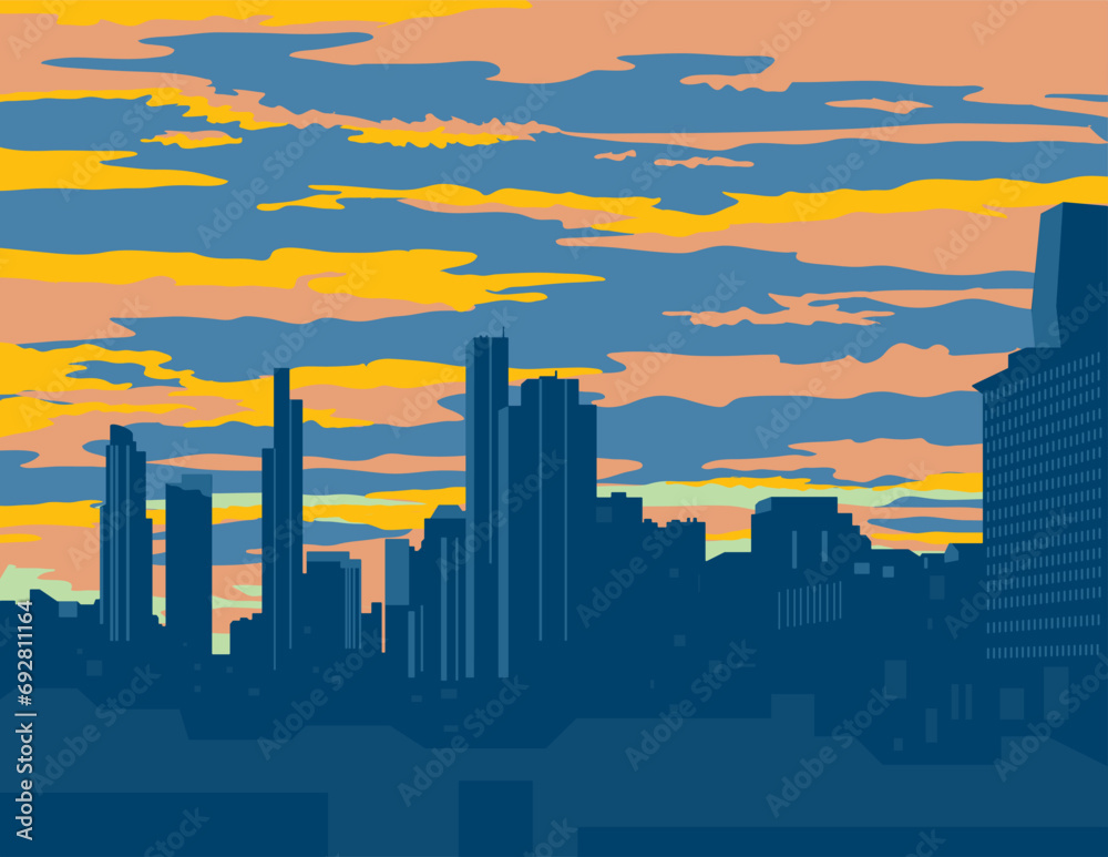 WPA poster art of the Chicago city skyline with buildings and skyscrapers at dusk in Illinois, United States USA done in works project administration or federal art project style.