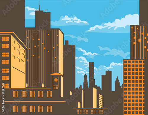 WPA poster art of the Chicago city skyline with buildings and skyscrapers along the Chicago River in Illinois, United States USA done in works project administration or federal art project style.
