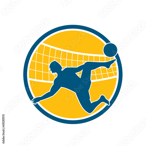 Mascot illustration of footvolley player doing a bicycle kick kicking the ball with net set inside circle on isolated white background done in retro style. 