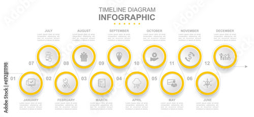 Infographic business template. Timeline with 12 steps, options and marketing icons. Vector linear infographic with six circle conected elements Concept presentation. photo