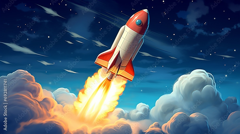 Cartoon rocket flying in the sky. Vector illustration in flat style GENERATE AI