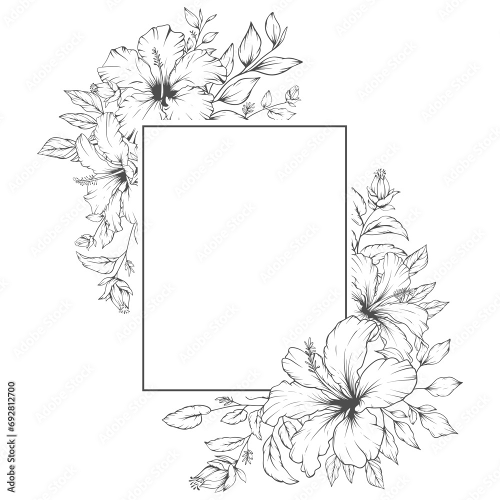 Elegant floral frame with outline hand drawn hibiscus flowers and leaves - obrazy, fototapety, plakaty 
