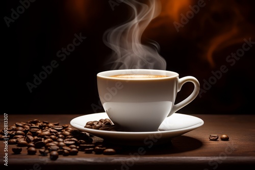 Close up of Steaming Coffee in a White Cup with Coffee Beans