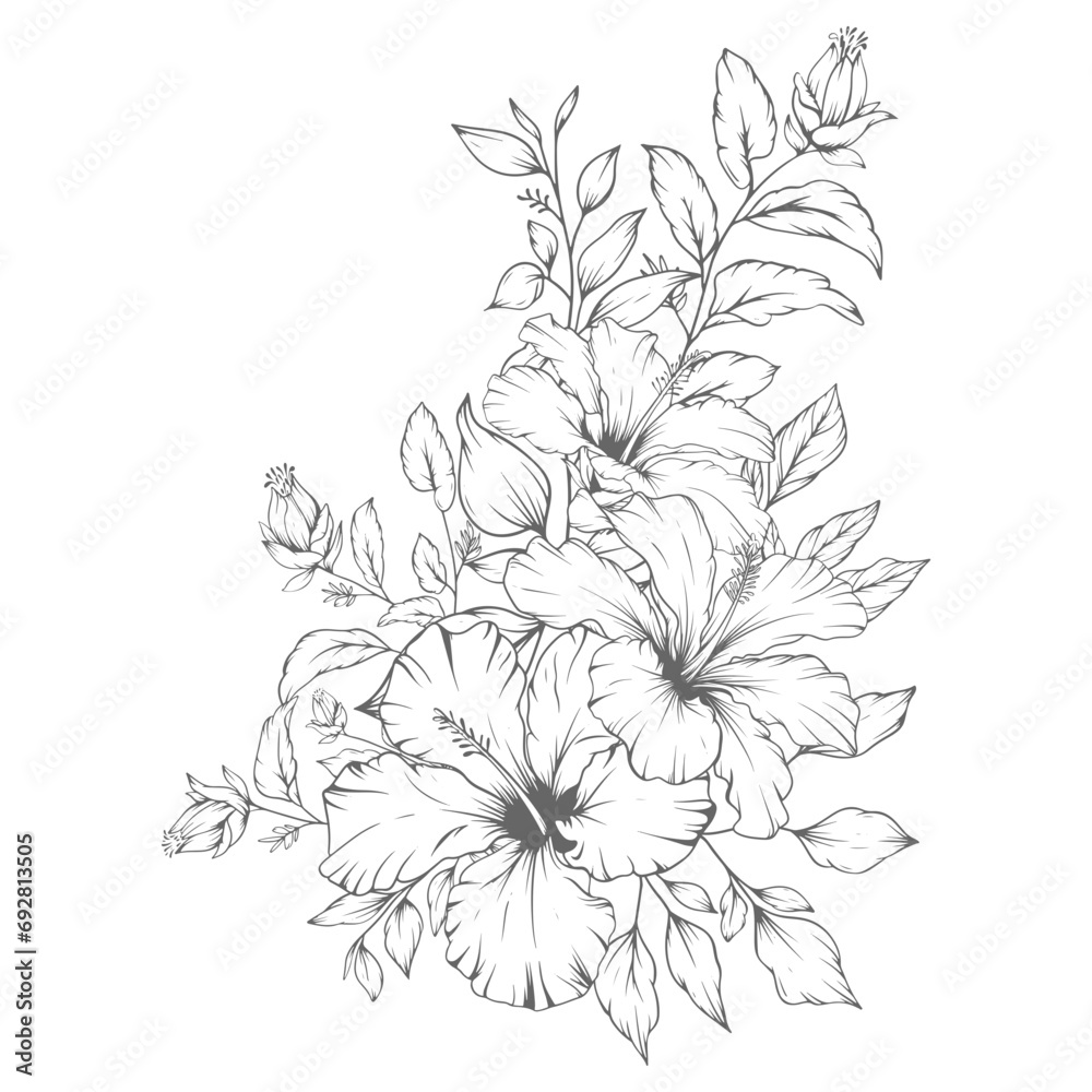 Hand drawn floral outline hibiscus flowers and leaves bouquet