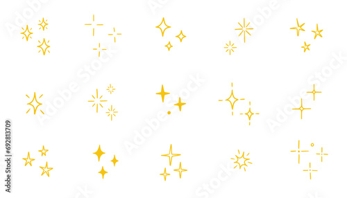 Hand drawn gold star sparkle shine of doodle set. Yellow star shine twinkle glow, spark glitter, magic party light vector illustration. Hand drawn sketch doodle style line sparkle elements