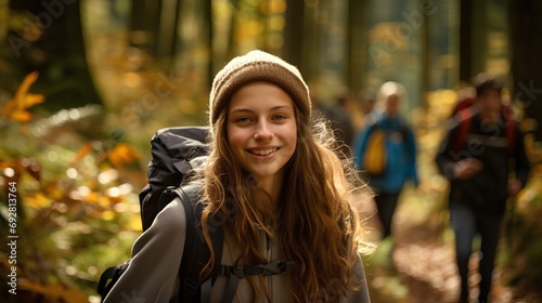 a happy teenage girl walking along a mountain path colored with autumn leaves with friends. A beautiful forest landscape. generative AI