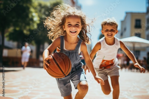 Happy Siblings Playing Basketball on a Sunny Day 