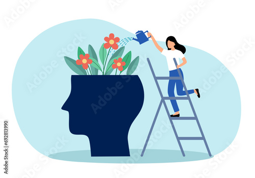 Mental health. Healthy mentality. Keep balance between work and personal life. Woman watering flowers in head.