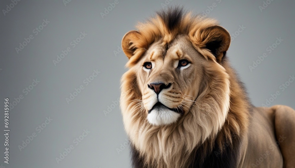 Portrait of a lion on a gray background, side view.
